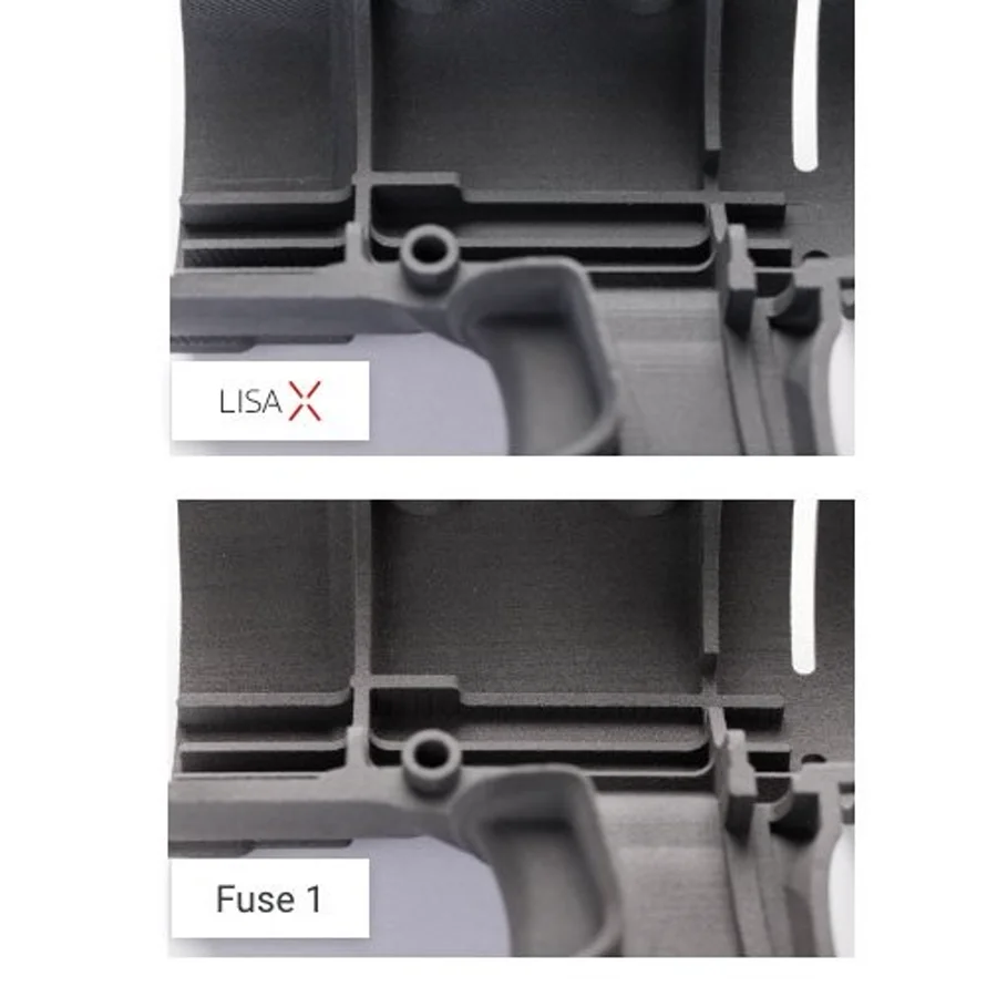 Detail on the same housing: Lisa X (top) and Fuse 1+ (bottom). Compare edge sharpness on the internal ribs and around the small boss.