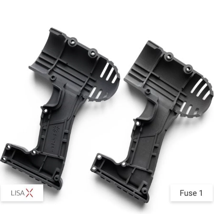 Full tool-body prints, Lisa X (left) and Fuse 1+ (right). Both are production-usable; the practical difference is consistency build after build.